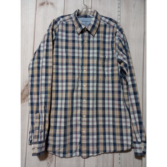 Eddie Bauer Shirt Mens XL Tall Blue Yellow Plaid Button Down Vintage Wash Pocket - Picture 1 of 7